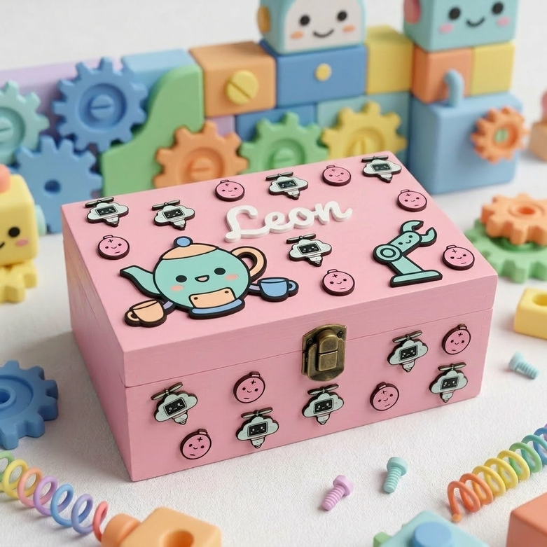 Personalisierte rosa Holzbox mit dem Namen Leonardo, verziert mit 3D-Applikationen einer lächelnden Teekanne und kleinen Robotern, umgeben von Zahnrädern und pastellfarbenen Spielzeugbausteinen.