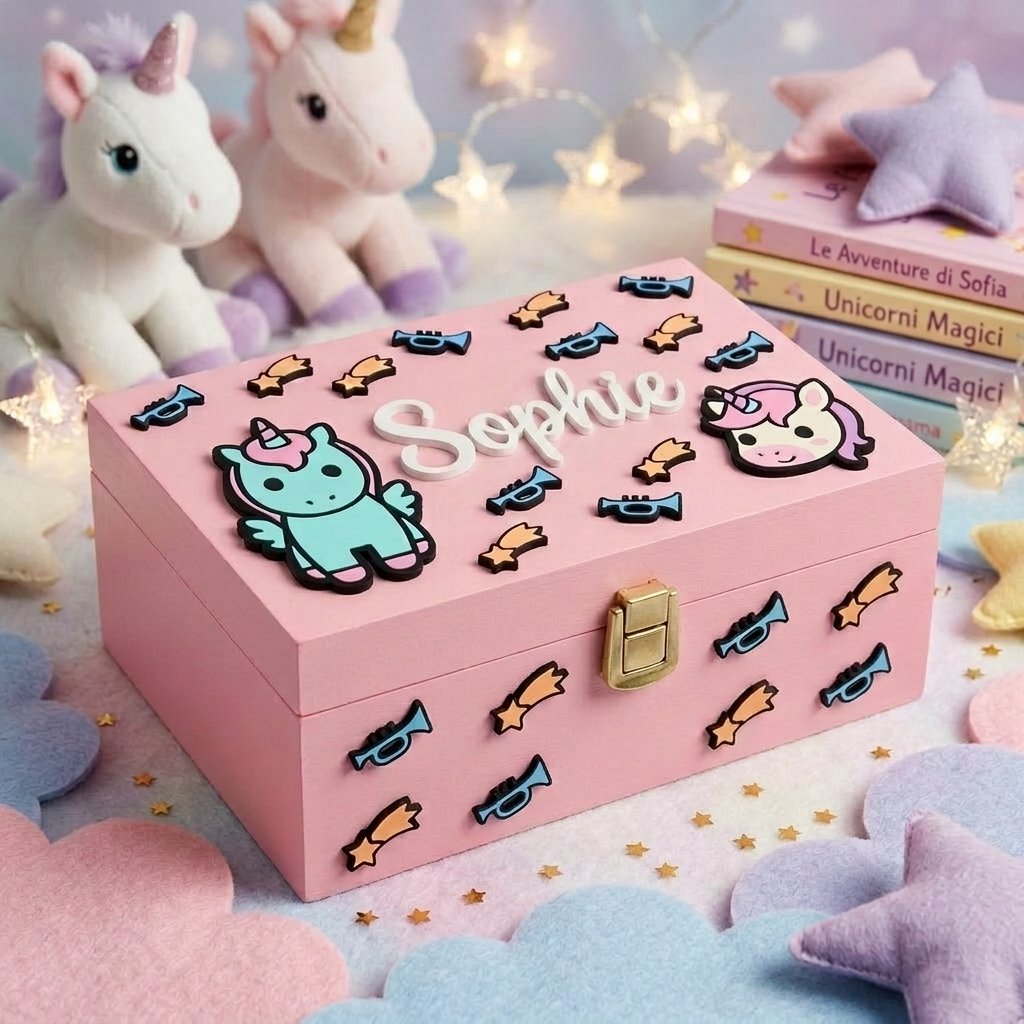 Erinnerungsbox aus rosa Holz, personalisiert mit dem Namen Sophie als Relief, dekoriert mit 3D-Applikationen von Einhörnern, Sternschnuppen und Trompeten.