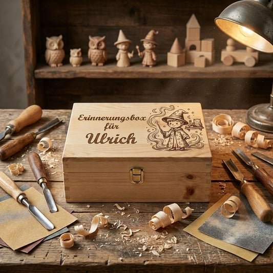 Erinnerungsbox aus Holz mit Lasergravur Thema Zauberer personalisiert für Ulrich, Gravur kleiner Junge mit Sternenhut, Geschenk zur Geburt Junge