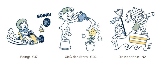 Tafel mit den drei Motiven: Go-Kart «Boing!», Bärchen mit Stern, Kapitänin mit Fernrohr und Katze