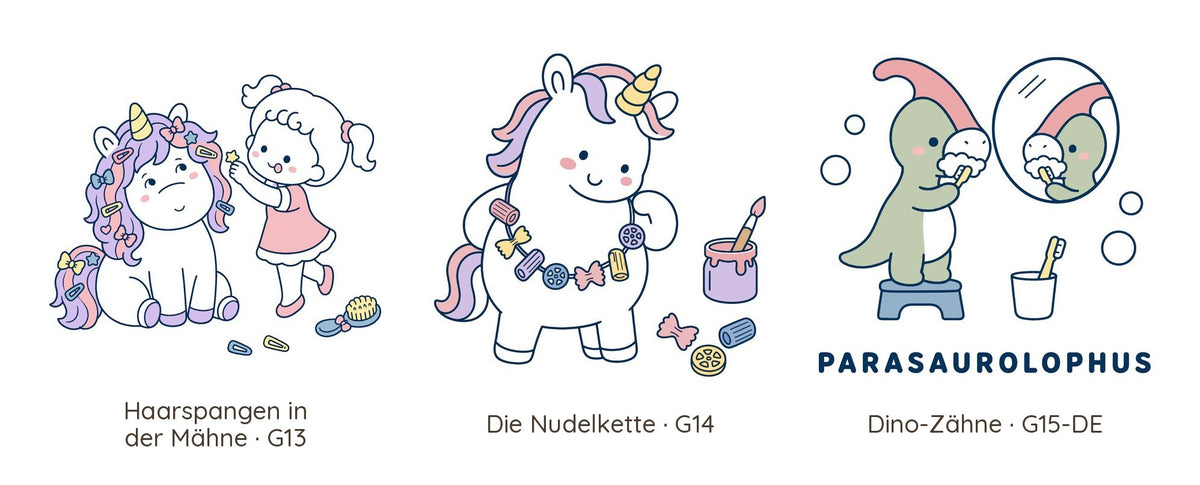 Die drei Motive: Einhorn mit Haarspangen, Einhorn mit Nudelkette, Parasaurolophus beim Zähneputzen