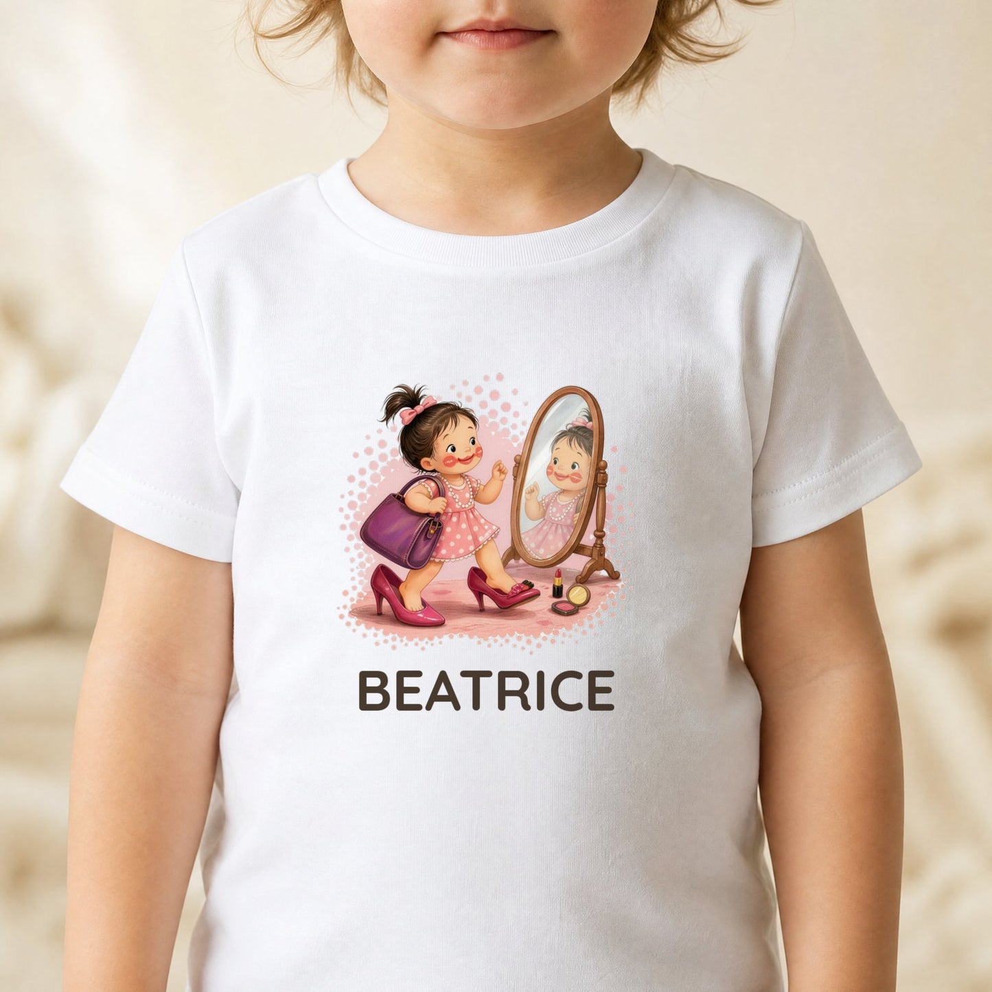 Kind trägt das T-Shirt mit Mamas Schuhen und dem Namen Beatrice