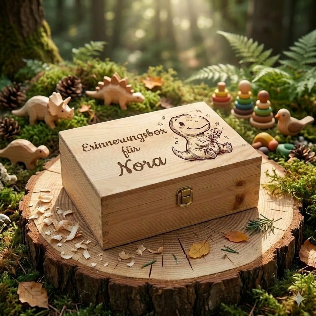 Personalisierte Erinnerungsbox aus Holz mit der Gravur "Erinnerungsbox für Nora" und Illustrationen von Baby-Dinosauriern. Die Box hat einen Metallverschluss und ruht auf einer Holzscheibe, umgeben von Moos und kleinen Holzdinosauriern in natürlicher Umgebung.