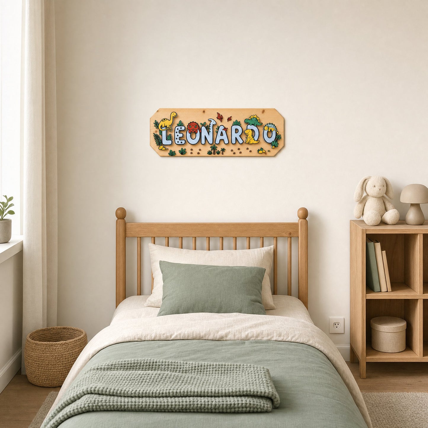 Das Schild Leonardo an der Wand über dem Kinderbett, Kinderzimmer bei Tageslicht