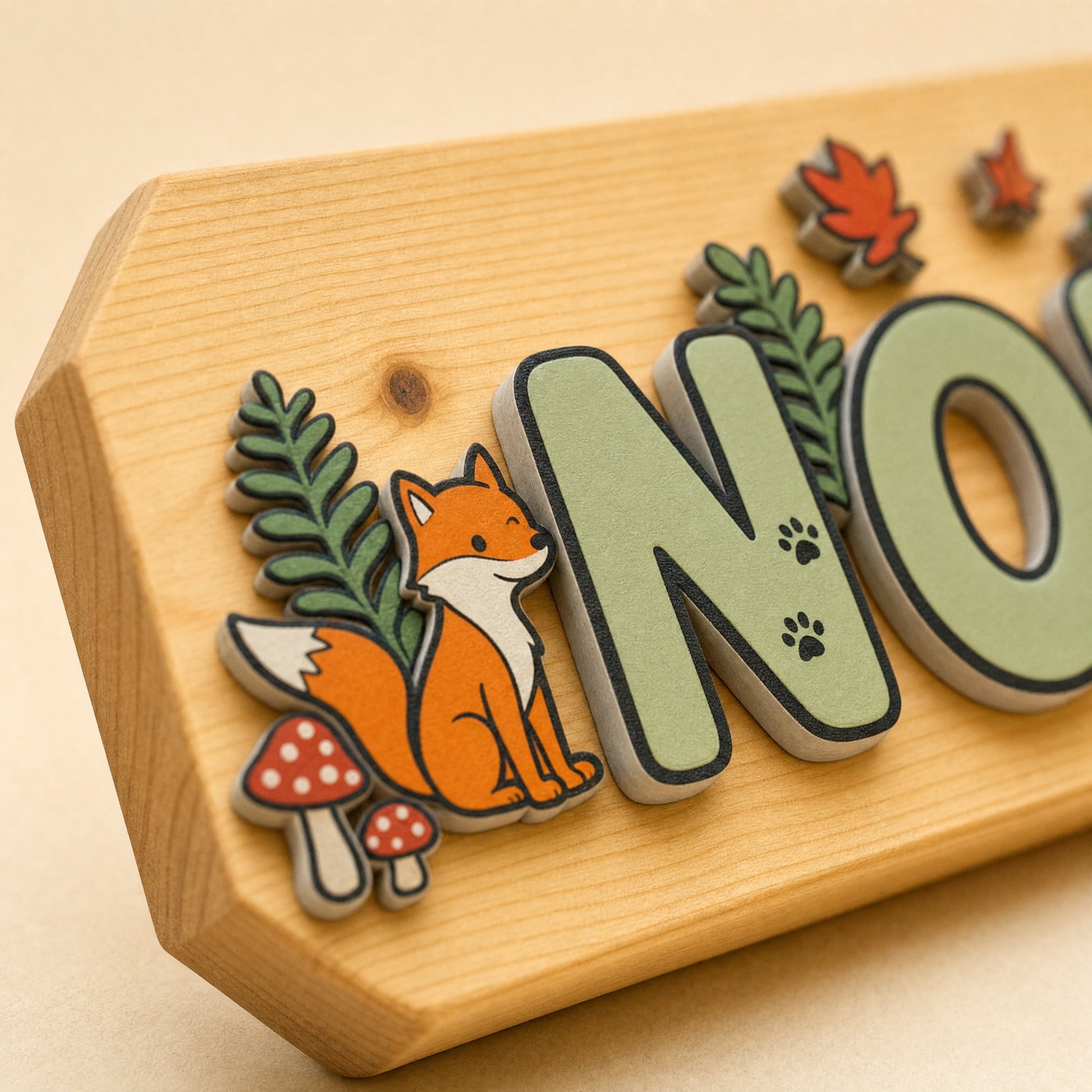 Detail des Waldtier-Motivs: oranger Fuchs, rote Pilze, Farn und die Holzstärke