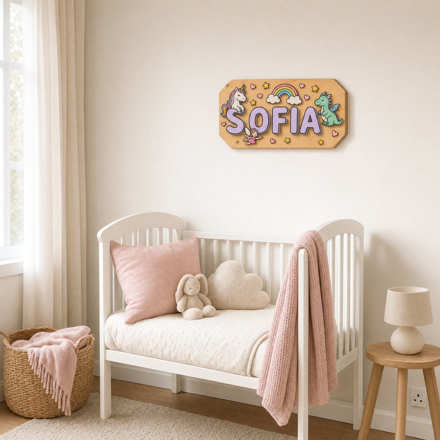 Namensschild Sofia über einem weißen Gitterbett, Kinderzimmer in zarten Alttonen