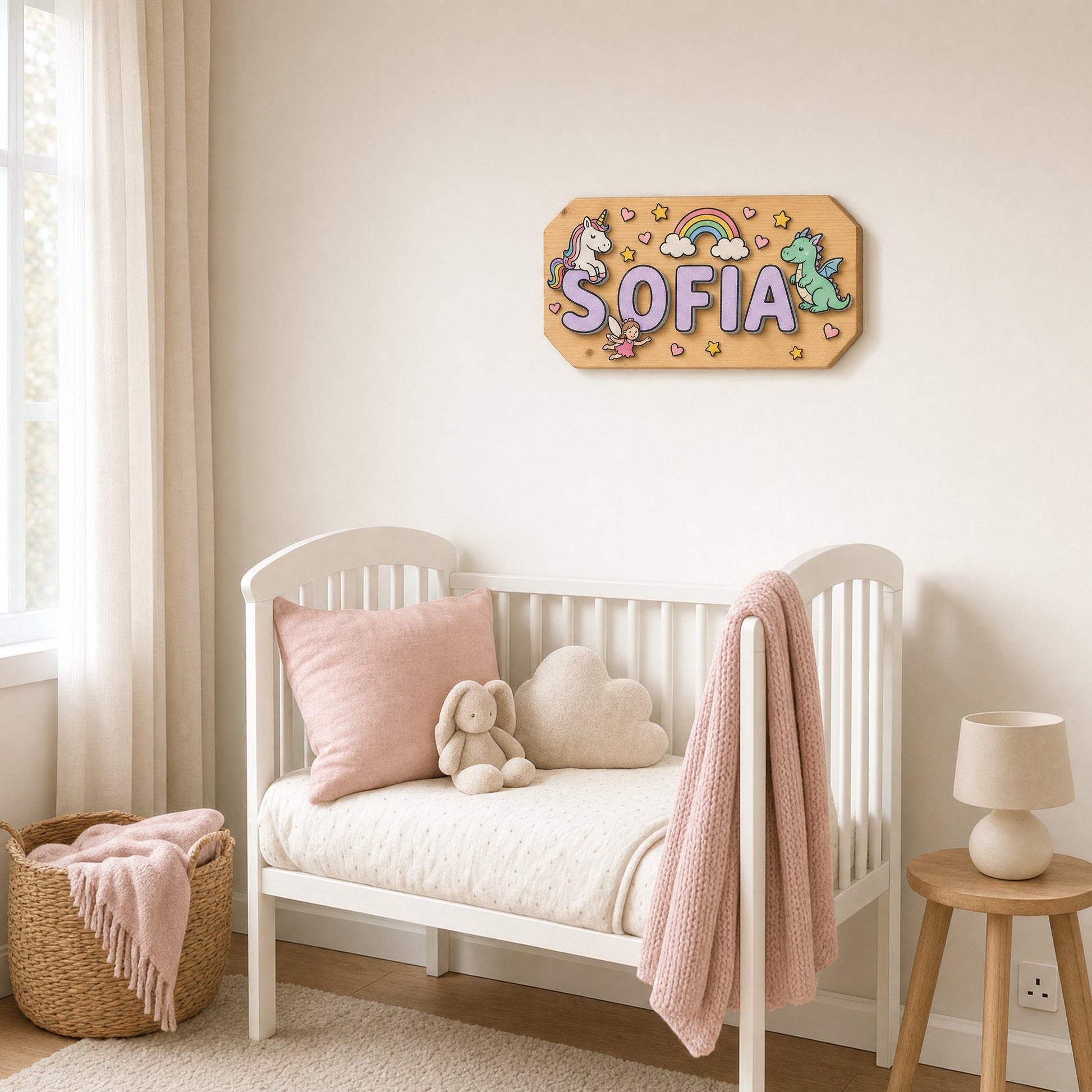 Namensschild Sofia über einem weißen Gitterbett, Kinderzimmer in zarten Alttonen