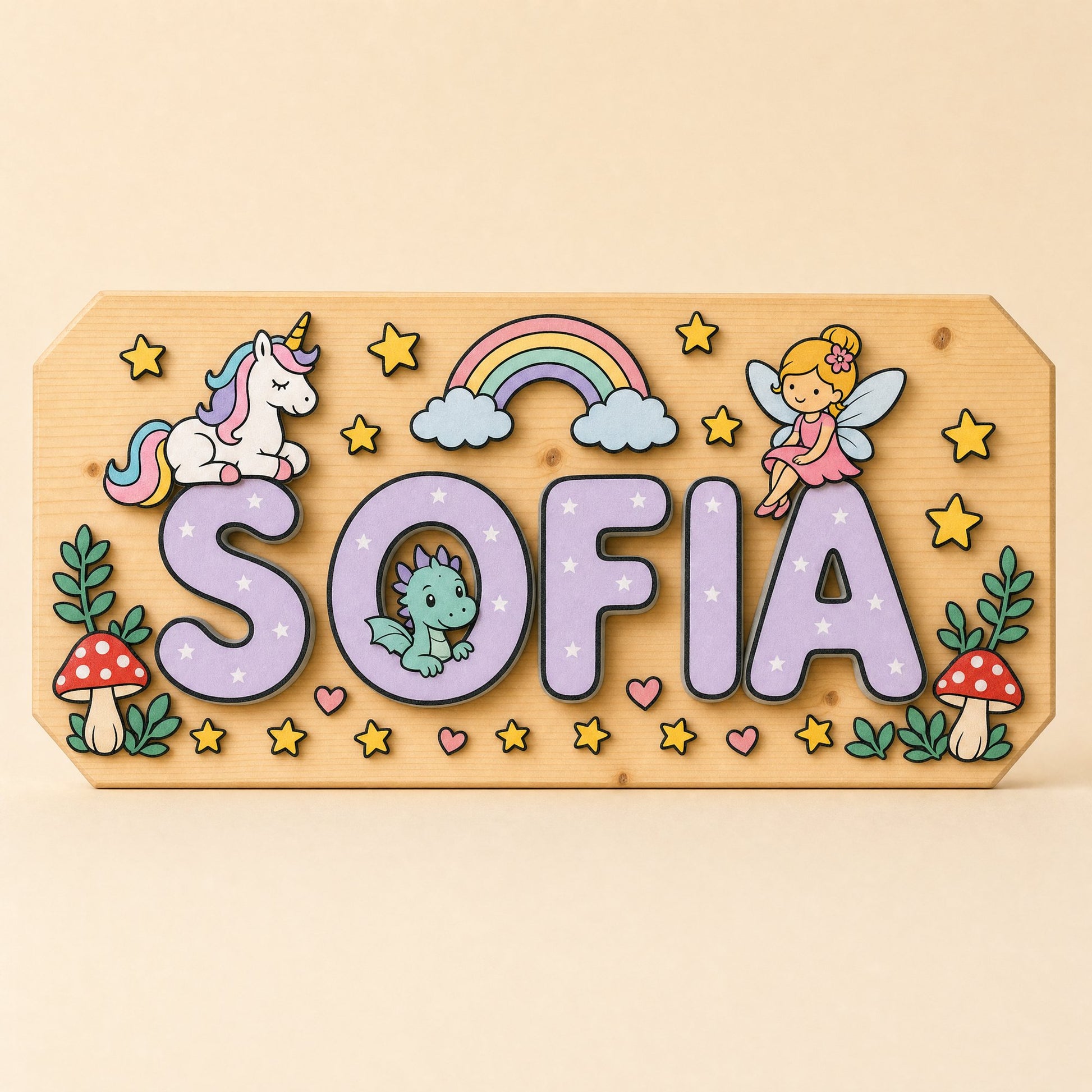Namensschild Sofia, Motiv Magie: Einhorn, Fee, Regenbogen und Herzchen, Buchstaben in Flieder