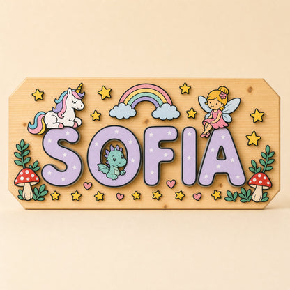Namensschild Sofia, Motiv Magie: Einhorn, Fee, Regenbogen und Herzchen, Buchstaben in Flieder
