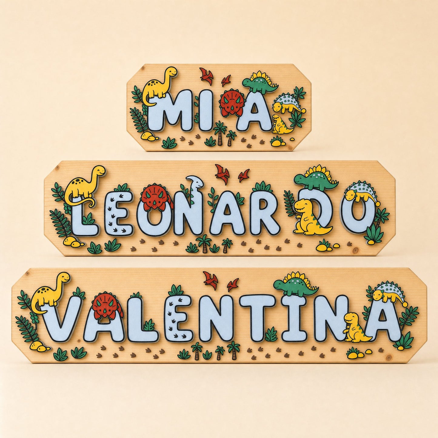 Drei Schilder unterschiedlicher Länge im Vergleich: Mia, Leonardo, Valentina