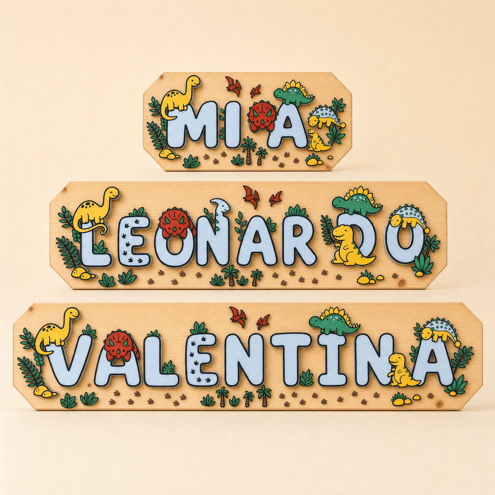 Drei Schilder unterschiedlicher Länge im Vergleich: Mia, Leonardo, Valentina