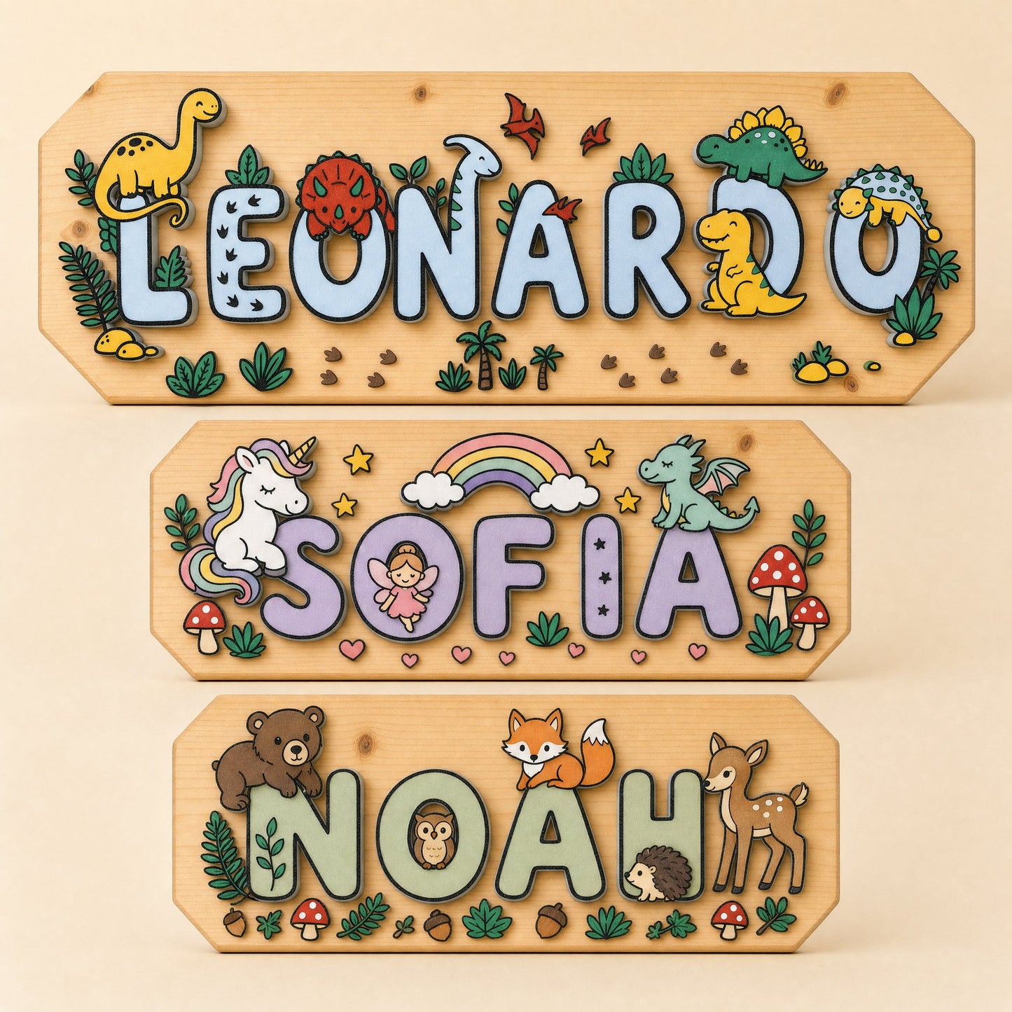 Die drei Motive nebeneinander: Leonardo Dinosaurier, Sofia Magie, Noah Waldtiere
