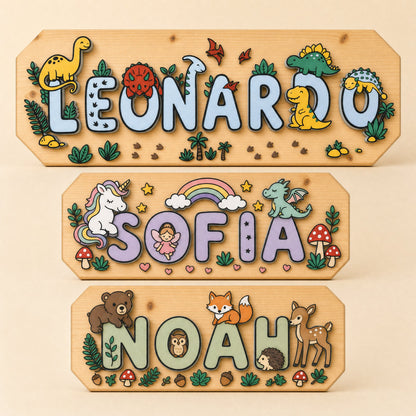 Die drei Motive nebeneinander: Leonardo Dinosaurier, Sofia Magie, Noah Waldtiere