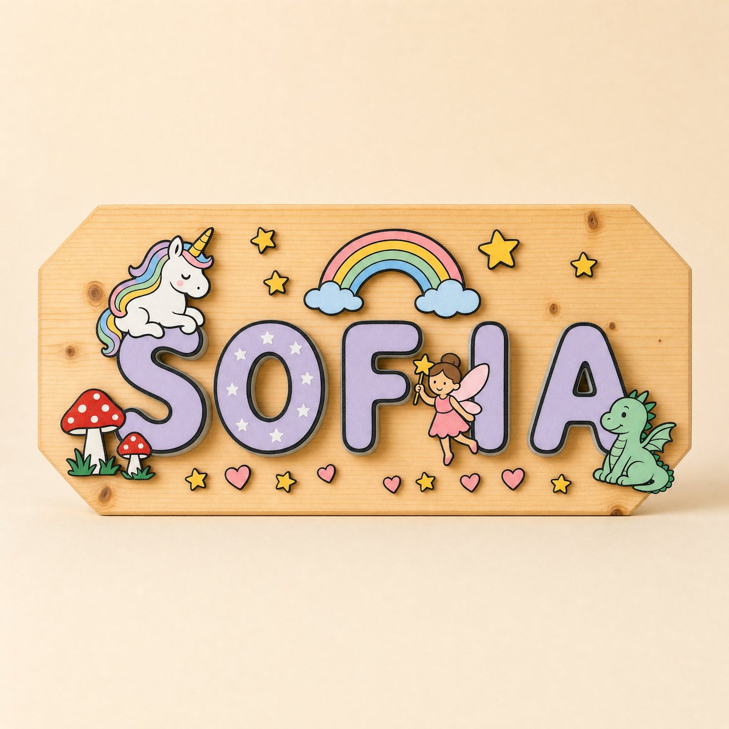 Namensschild Sofia, Motiv Magie, zweite Ansicht mit Regenbogen und kleinem Drachen