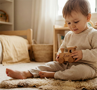 Bambino che gioca nella sua cameretta con un trenino in legno personalizzato con nome inciso, regalo artigianale fatto a mano per bambini