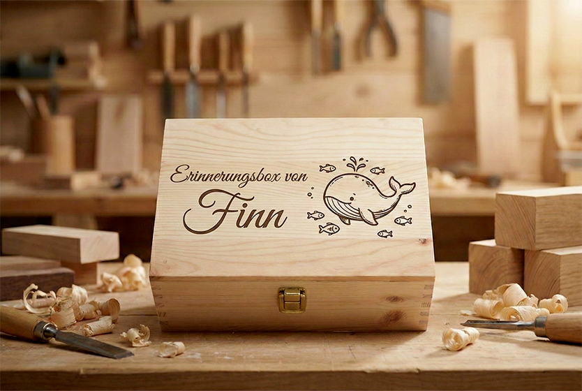 Personalisierte Erinnerungsbox aus Holz für Babys mit graviertem Wal-Motiv und dem Namen Finn, handgefertigte Aufbewahrungsbox im Werkstatt-Design.