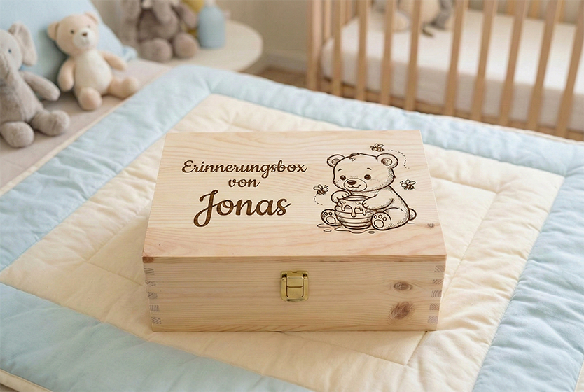 Personalisierte Baby-Erinnerungskiste aus Kiefernholz mit niedlicher Bären-Gravur und Honigtopf, Name Jonas, ideales Geburtsgeschenk.