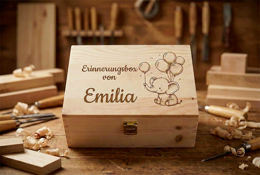 Holz-Erinnerungsbox mit Gravur eines Elefanten mit Luftballons und dem Namen Emilia, personalisiertes Geschenk zur Geburt aus naturbelassenem Holz.