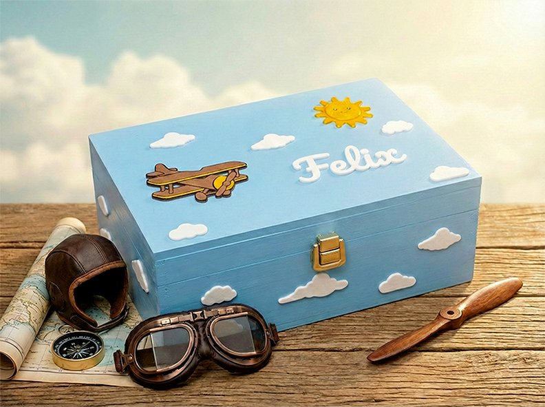 Hellblaue Erinnerungsbox für Kinder mit Flugzeug-Motiv, weißen Wolken, Sonne und dem Namen Felix – ideal als Taufgeschenk.