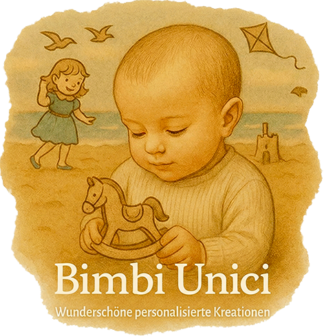 Kind spielt am Strand mit handgefertigtem Holz-Schaukelpferd