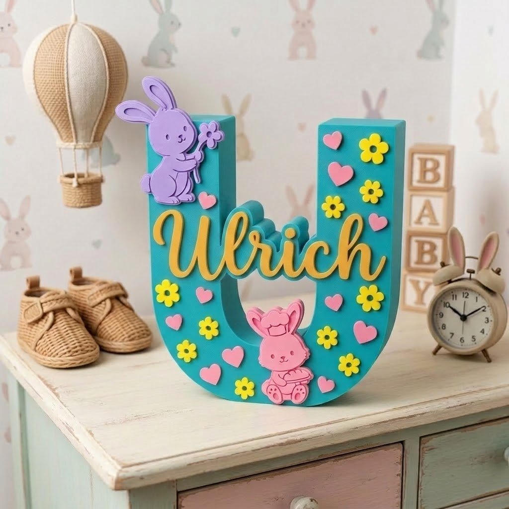 3D-Buchstabe U personalisiert mit dem Namen Ulrich für die Neugeborenen-Zimmer-Dekoration, in Türkis mit Details aus Häschen, rosa Herzen und gelben Blumen.