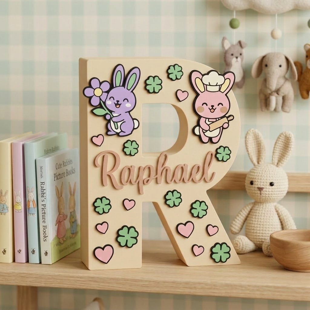 Holzbuchstabe R personalisiert mit dem Namen Raphael, Aufstell-Dekoration für das Kinderzimmer. Bereichert mit Relief-Applikationen mit Hasen-Thema, rosa Herzen und grünen Kleeblättern.
