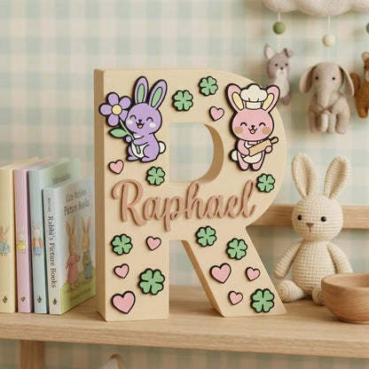 Holzbuchstabe R personalisiert mit dem Namen Raphael, Aufstell-Dekoration für das Kinderzimmer. Bereichert mit Relief-Applikationen mit Hasen-Thema, rosa Herzen und grünen Kleeblättern.