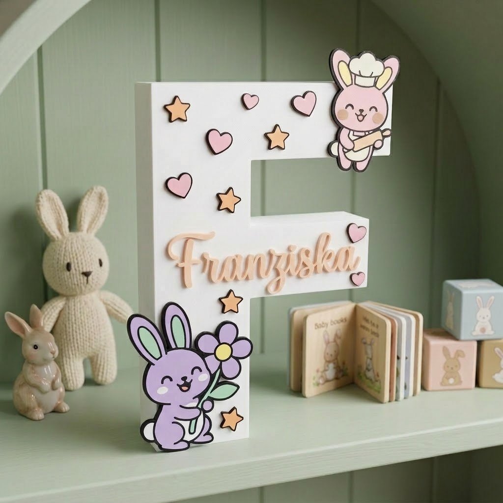 Weißer Holzbuchstabe F personalisiert mit dem Namen Franziska in Relief. Kinderzimmerdekoration mit Hasen-Thema, bereichert mit 3D-Details aus Herzen, Sternen, einem rosa Koch-Häschen und einem lila Häschen mit Blume.
