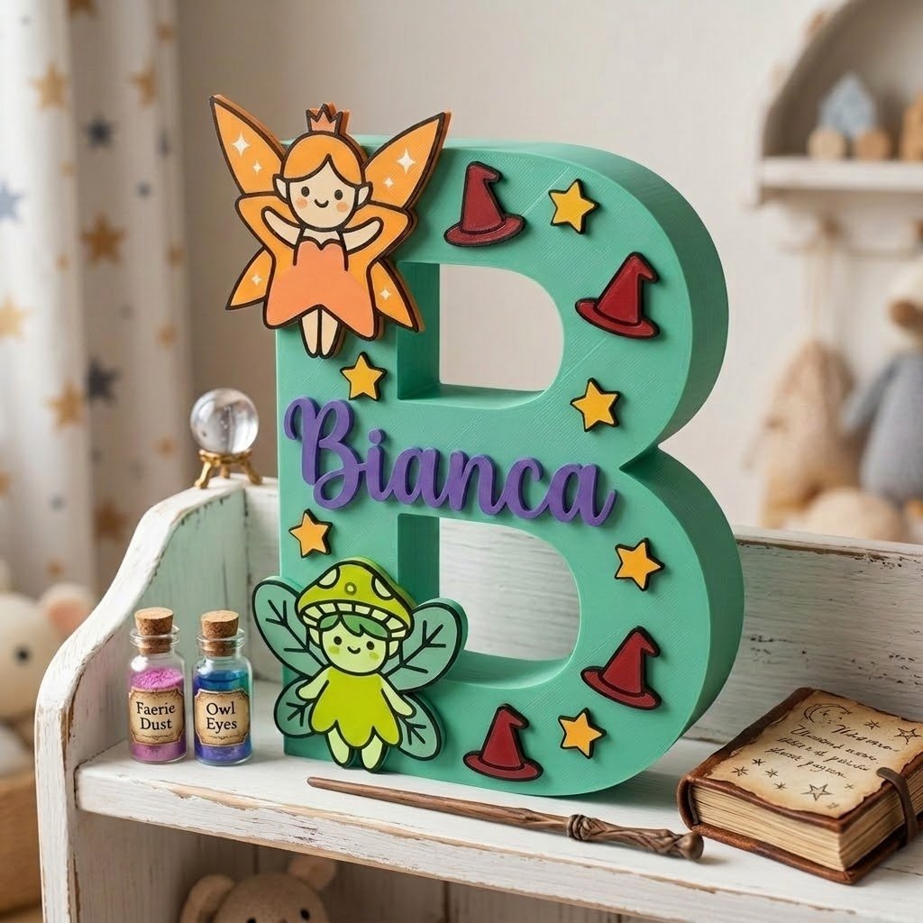 Dekorativer 3D-Buchstabe B in Mint, personalisiert mit dem Namen Bianca in Lila, dekoriert zum Magie-Thema mit Feen, Sternen und Zauberhüten, ideal für die Dekoration des Kinderzimmers.