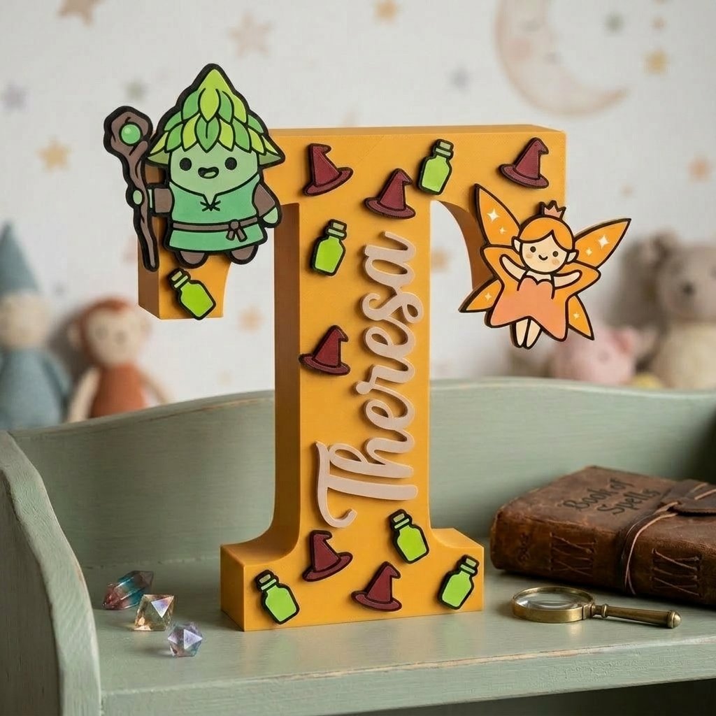 Personalisierter dekorativer gelber Buchstabe T mit dem Namen Theresa in Relief. Fantasy- und Magie-Thema mit Applikationen eines kleinen Druiden, einer Fee, Zauberhüten und Tränken. Einrichtung für das Kinderzimmer zum Rollenspiel-Thema.