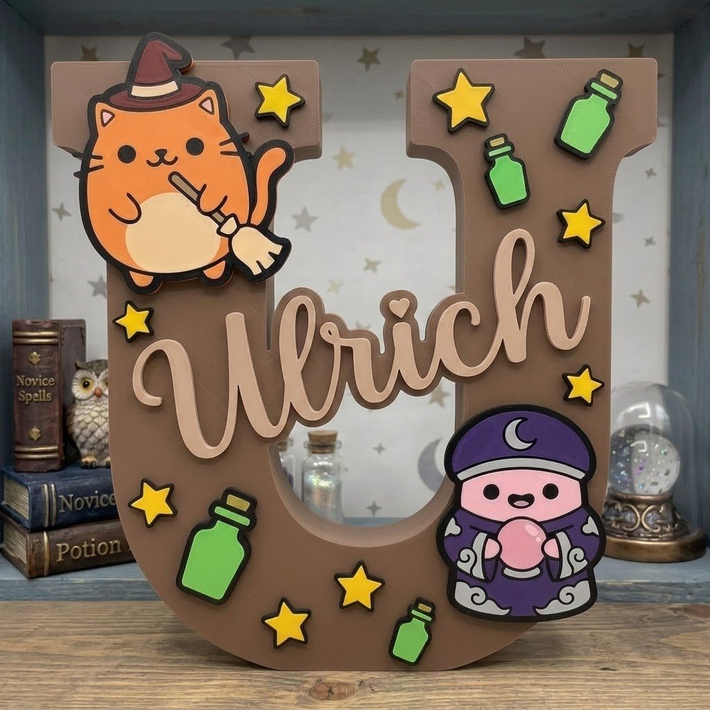 Personalisierter dekorativer 3D-Buchstabe U mit dem Namen Ulrich in Kursivschrift. Magie-Design für Kinder mit orangefarbenem Hexen-Kätzchen auf fliegendem Besen, Zauberer mit Kristallkugel, grünen Trankschen und gelben Sternen. Ideal als Dekoration für das Kinderzimmer.