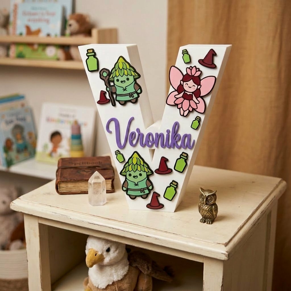 Personalisierter dekorativer 3D-Buchstabe V mit dem Namen Veronika in lila Kursivschrift. Weißer Anfangsbuchstabe für das Kinderzimmer mit Magie-Dekorationen: Waldkobolde, rosafarbene Fee, Tränke und Zauberhüte.