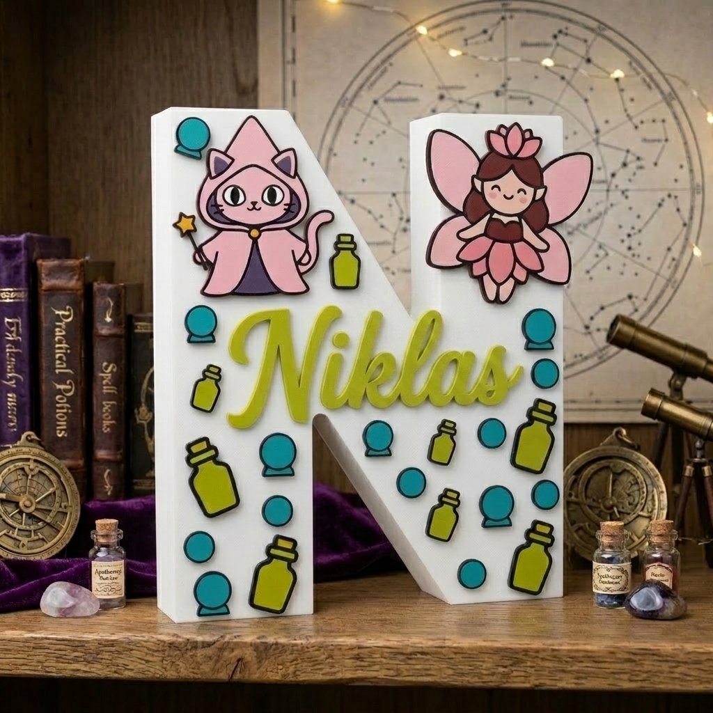 Personalisierter dekorativer 3D-Buchstabe N mit dem Namen Niklas in erhabenem Grün. Magie- und Fantasy-Design mit Illustrationen einer rosafarbenen Zauberkatze, einer Fee, Trankschen und hellblauen Kristallkugeln.