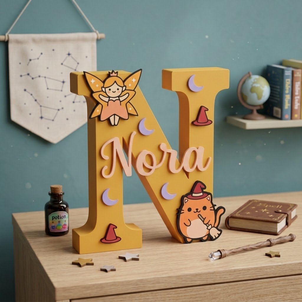 Personalisierter dekorativer 3D-Buchstabe N mit dem Namen Nora. Dekoration für das Kinderzimmer zum Magie-Thema, in Gelb mit Applikationen einer Fee, Hexen-Katze mit Besen, Monden und Hexenhüten. Aufstellung auf dem Schreibtisch mit Trankschen, Zauberstab und Zauberbuch.