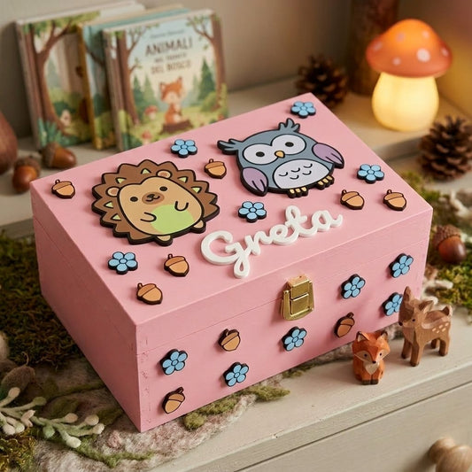 Erinnerungsbox aus rosa Holz, personalisiert mit dem Namen Greta in 3D. Verziert im Waldtier-Motiv mit Reliefapplikationen in Form von Eule, Igel, kleinen blauen Blumen und Eicheln. Schnappverschluss aus goldenem Metall. Inszenierung mit natürlichen Elementen und Waldthema.
