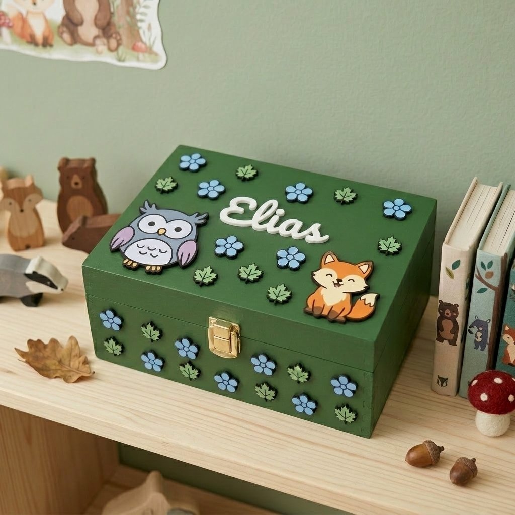 Erinnerungsbox aus grünem Holz, personalisiert mit dem Namen Elias, verziert mit Waldtieren in Relief, darunter eine Eule und ein Fuchs, Blätter und blaue Blumen.