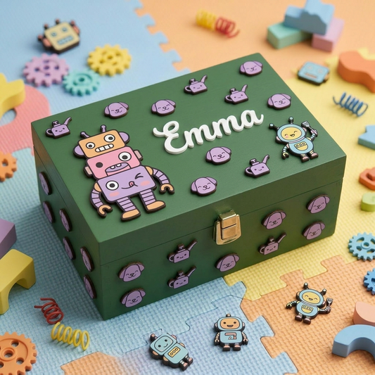 Personalisierte grüne Holz-Spielzeugbox mit dem Namen Elena in weißer Reliefschrift, dekoriert mit bunten 3D-Applikationen von Robotern und Hündchen, platziert auf einem Puzzle-Spielteppich.