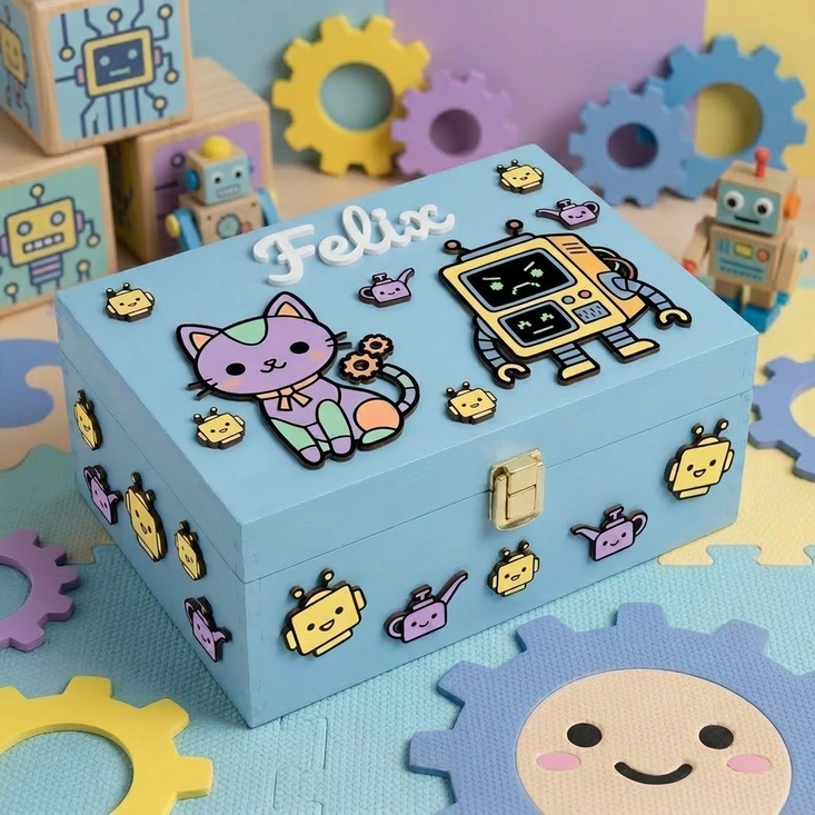 Personalisierte hellblaue Holzbox Francesco mit Roboter- und Katzenverzierungen.