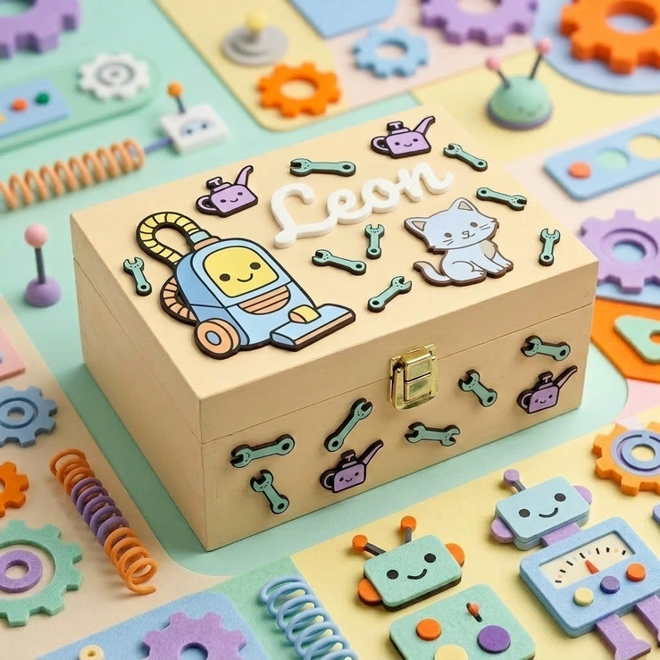 Personalisierte Holzbox für Kinder mit dem Namen Lorenzo, verziert mit einem lächelnden Staubsauger, einem Kätzchen und erhabenen Schraubenschlüsseln, umgeben von Zahnrädern und Spielzeugrobotern in Pastellfarben.