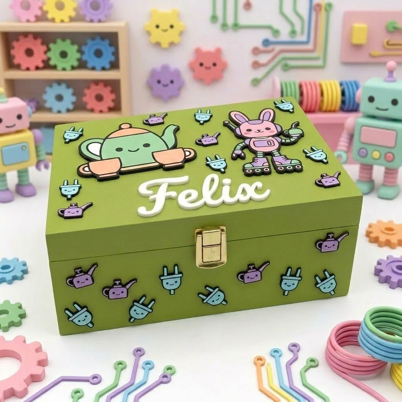Personalisierte grüne Holzschatulle mit dem in Weiß geprägten Namen Francesco, verziert mit 3D-Applikationen im Kawaii-Roboter-Stil, lächelnden Teekannen, hellblauen Steckdosen und goldenem Metallverschluss.