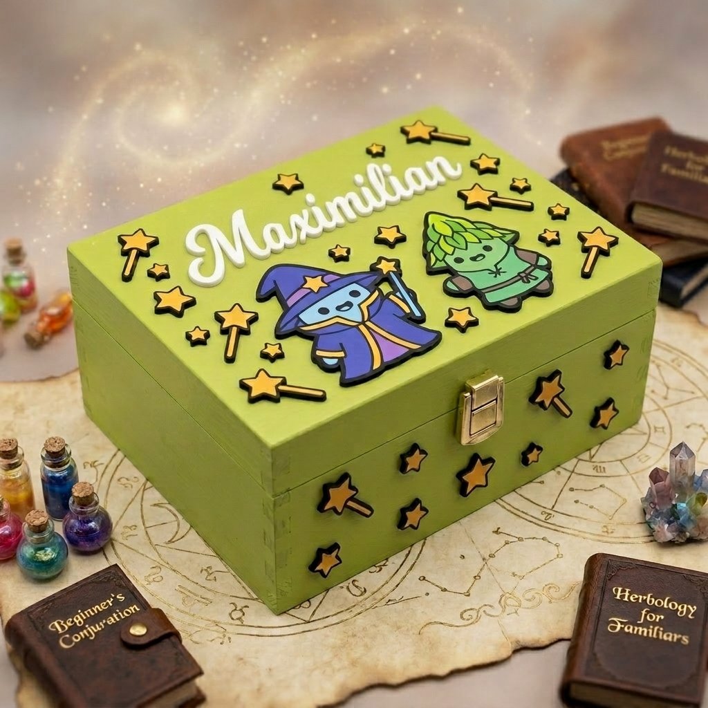 Personalisierte Holzbox in Gruen mit dem Namen Maximilian in Relief, zum Thema Magie dekoriert mit 3D-Applikationen eines kleinen Zauberers, einer Fantasiekreatur, Sternen und Zauberstaben. Handgefertigtes Schaetzkastchen, umgeben von Miniaturbuechern mit Zauberspruchen, Kristallen und Traenken.