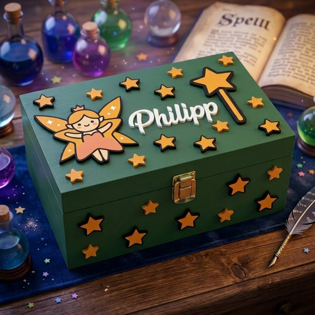 Personalisierte gruene Holzbox mit dem Namen Philipp in Relief, dekoriert mit Fee, Zauberstab und Sternen. Handgefertigtes Schaetzkastchen zum Zauberthema fuer Kinder.