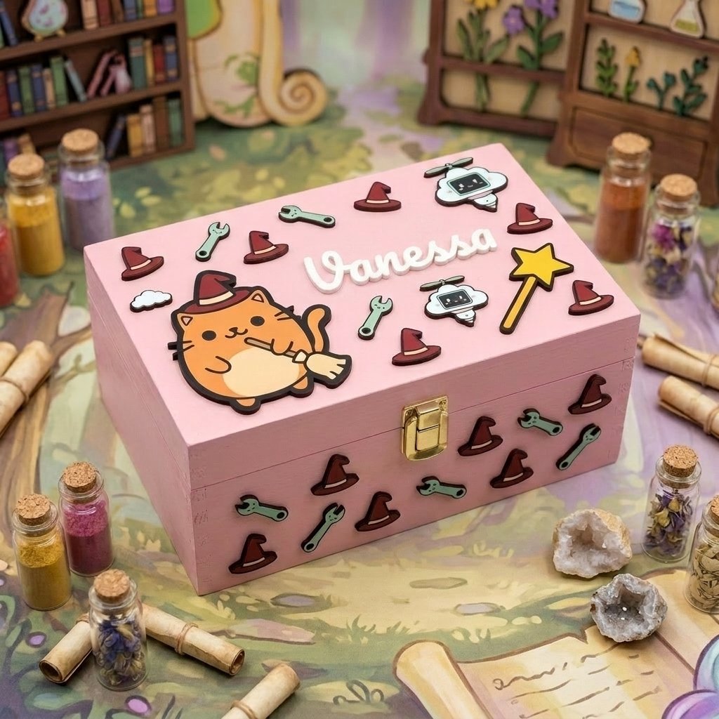 Rosafarbene personalisierte Holzbox mit dem Namen Vanessa in Relief, 3D-Dekorationen zum kawaii Zauberthema mit Hexenkatze, Zauberstab, spitzen Hueten und Schraubenspluesseln.
