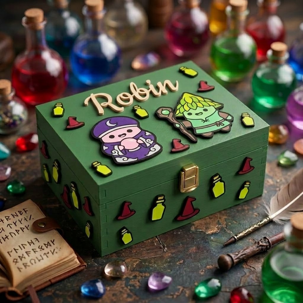 Personalisierte gruene Holzbox mit dem Namen Robin in Relief, zum Fantasy-Thema dekoriert mit Relieffiguren eines Zauberers, eines Druiden, kleinen Traenken und Hexenhueten, umgeben von Zauberflaeschchen, Edelsteinen und einem Zauberbuch.