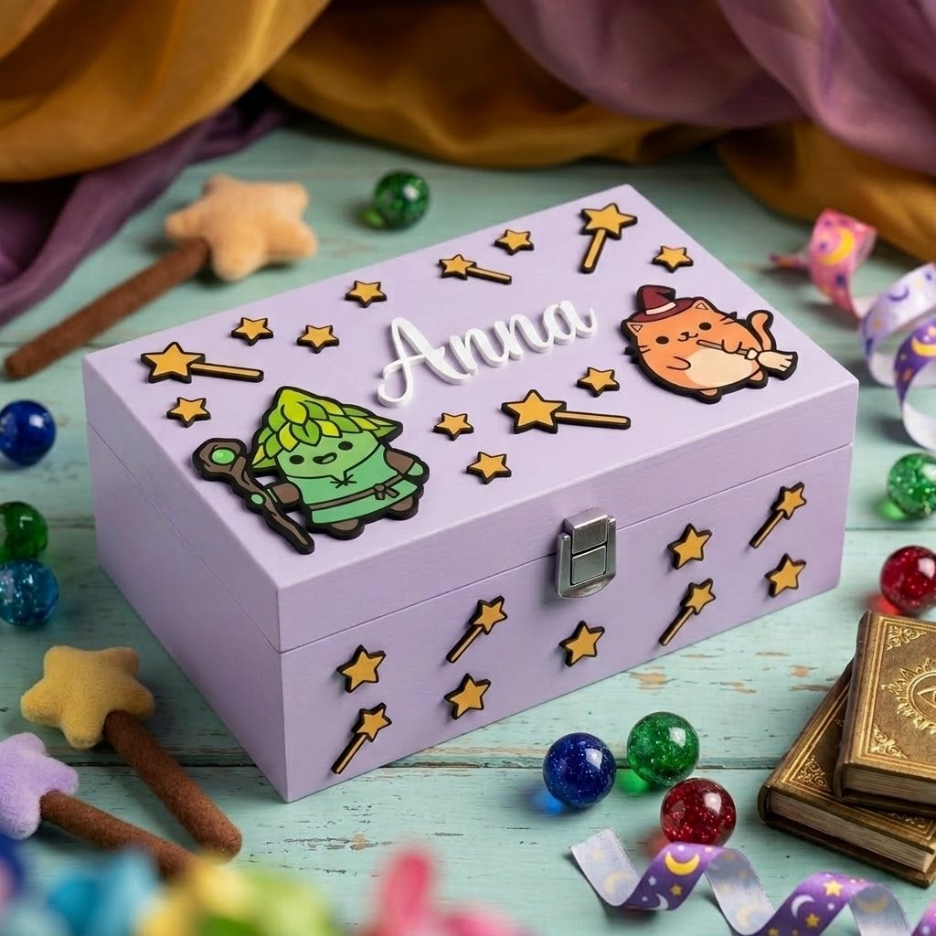 Lila Erinnerungsbox aus Holz personalisiert mit dem Namen Anna in 3D. Relief-Dekorationen zum Zauberthema mit Sternen, Zauberstaben, Kaetzchen mit Hexenhut und gruenem Fantasy-Kobold.
