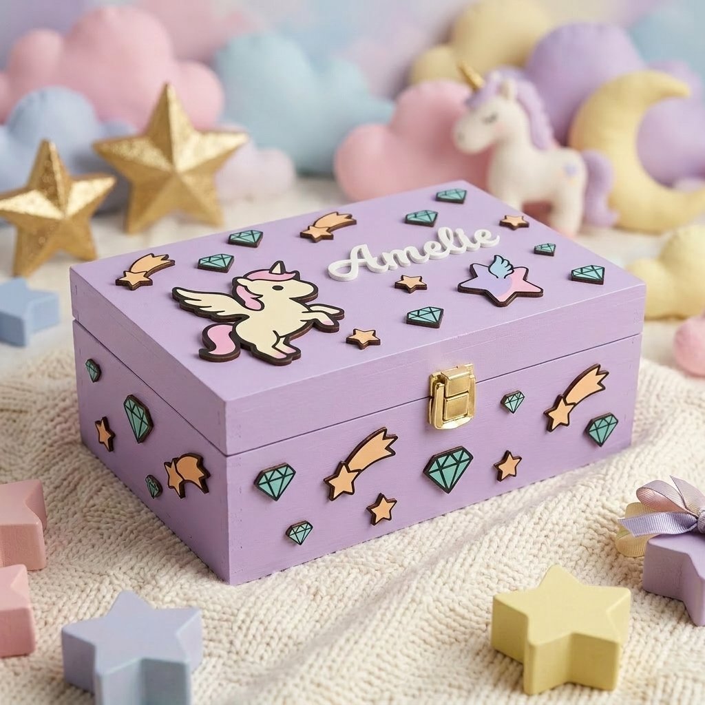 Erinnerungsbox aus fliederfarbenem Holz, personalisiert mit dem Namen Amelie als Relief, dekoriert mit geflügeltem Einhorn, Sternen, Diamanten und Sternschnuppen, in einer magischen Atmosphäre mit Pastellfarben.