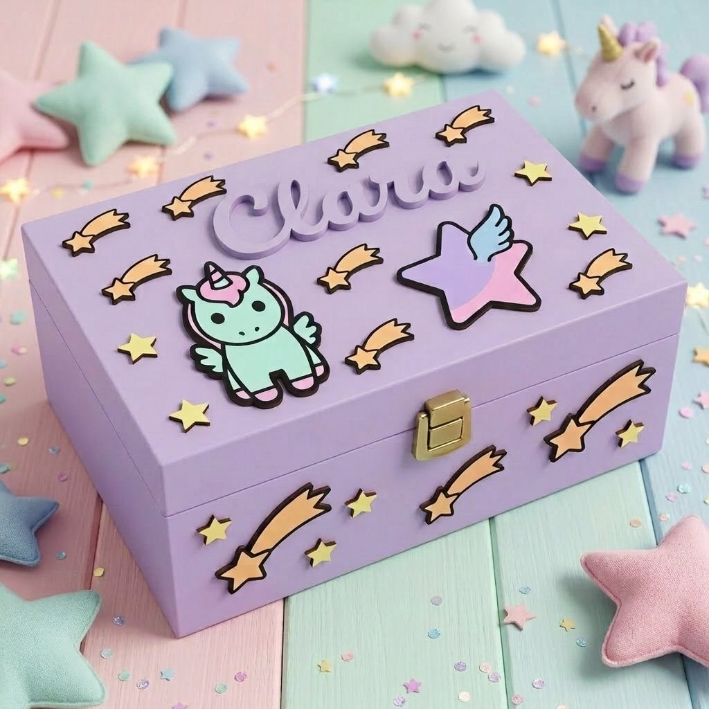 Erinnerungsbox aus fliederfarbenem Holz, personalisiert mit dem Namen Clara in 3D, dekoriert mit pastellfarbenem Einhorn, geflügeltem Stern und Sternschnuppen als Relief.