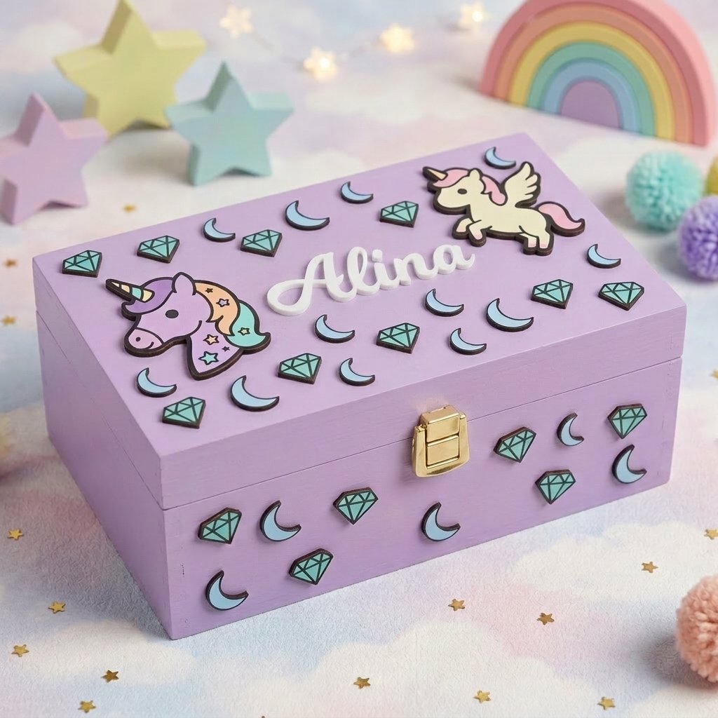 Erinnerungsbox aus fliederfarbenem Holz, personalisiert mit dem Namen Alina als weißes Relief, dekoriert im Einhorn-Stil mit Diamanten, Monden und goldenem Verschluss vorne.