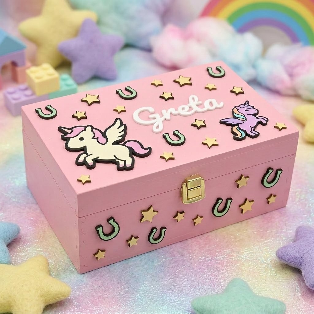 Holzbox in Pastellrosa, personalisiert mit dem Namen Greta als Relief, dekoriert mit geflügelten Einhörnern, goldenen Sternen und Hufeisen, mit goldenem Metallverschluss.