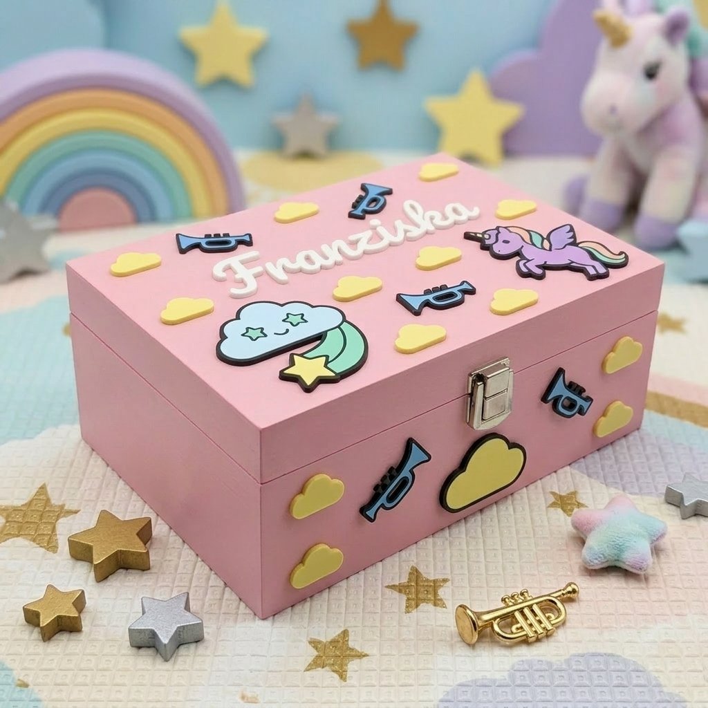 Rosa Erinnerungsbox aus Holz, personalisiert mit dem Namen Franziska als Relief, dekoriert mit 3D-Applikationen in Einhorn-, Wolken-, Stern- und Trompetenform, vor einem Regenbogen-Hintergrund.
